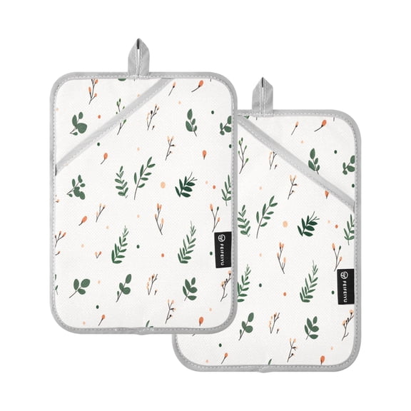 Floral Pattern with Leaves Set of 2 Heat-Resistant Quilted Pads, Silver Polyester, 7" x 9.8"