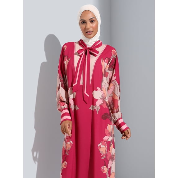 Floral Patterned Modest Dress With Binding Detail Cherry Beige