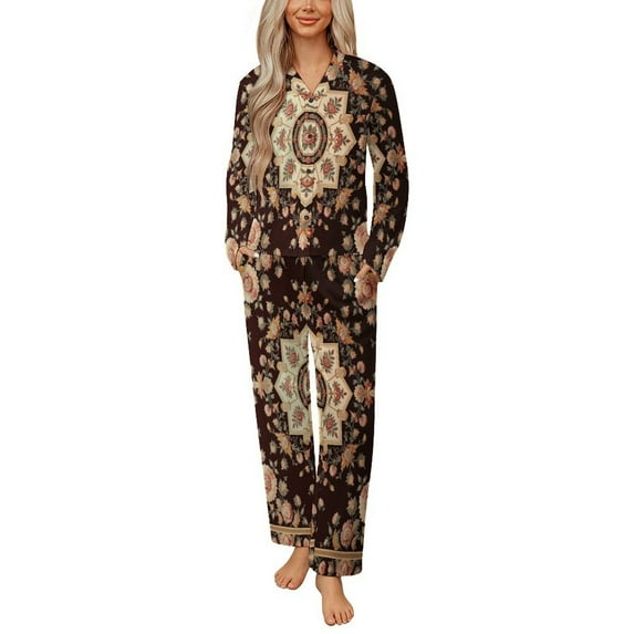 Floral Patterned Square Womens Pyjamas Set Button Up Pyjamas Womens with Long Sleeve Top And Wide Leg Pants V-neck Loungewear Sets