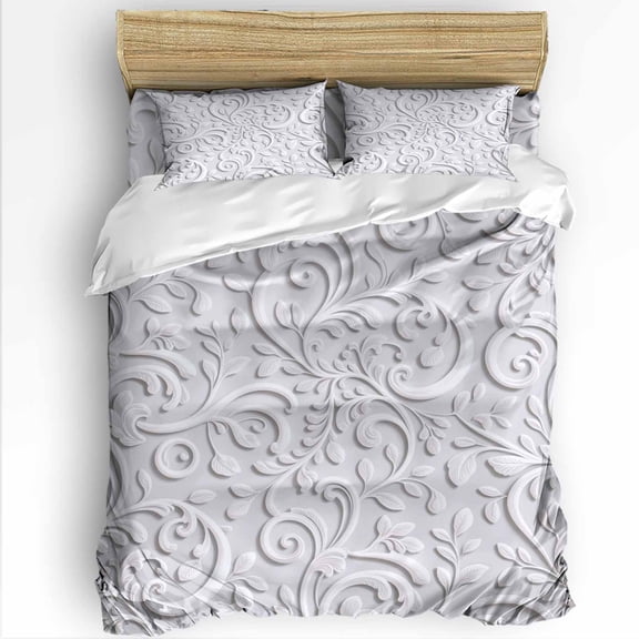 Floral Patterns Full Size Comforter Set, White Flowers Leaves Plant Simple Soft Bedding for All Seasons, 4 Pcs Bed Set with 1Comforter (86"x86") ,1 Sheet(80"x116"), 2 Pillowcases (19"x29")