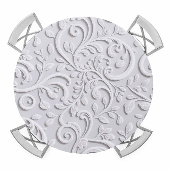 Floral Patterns Round Tablecloth for 45-54 Inch Tables,Fitted Table Cover with Elastic Edge,Silver White Flowers Leaves Aesthetic Waterproof Outdoor Table Cloth Protector for Patio Garden Dinner