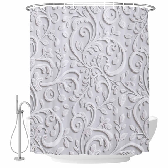 Floral Patterns Shower Curtain Set - Standard 72" x 72" Washable Bathtub Curtain with 12 Hooks, Silver White Flowers Leaves Aesthetic Waterproof Fabric Stall Shower Curtains for Bathroom Décor