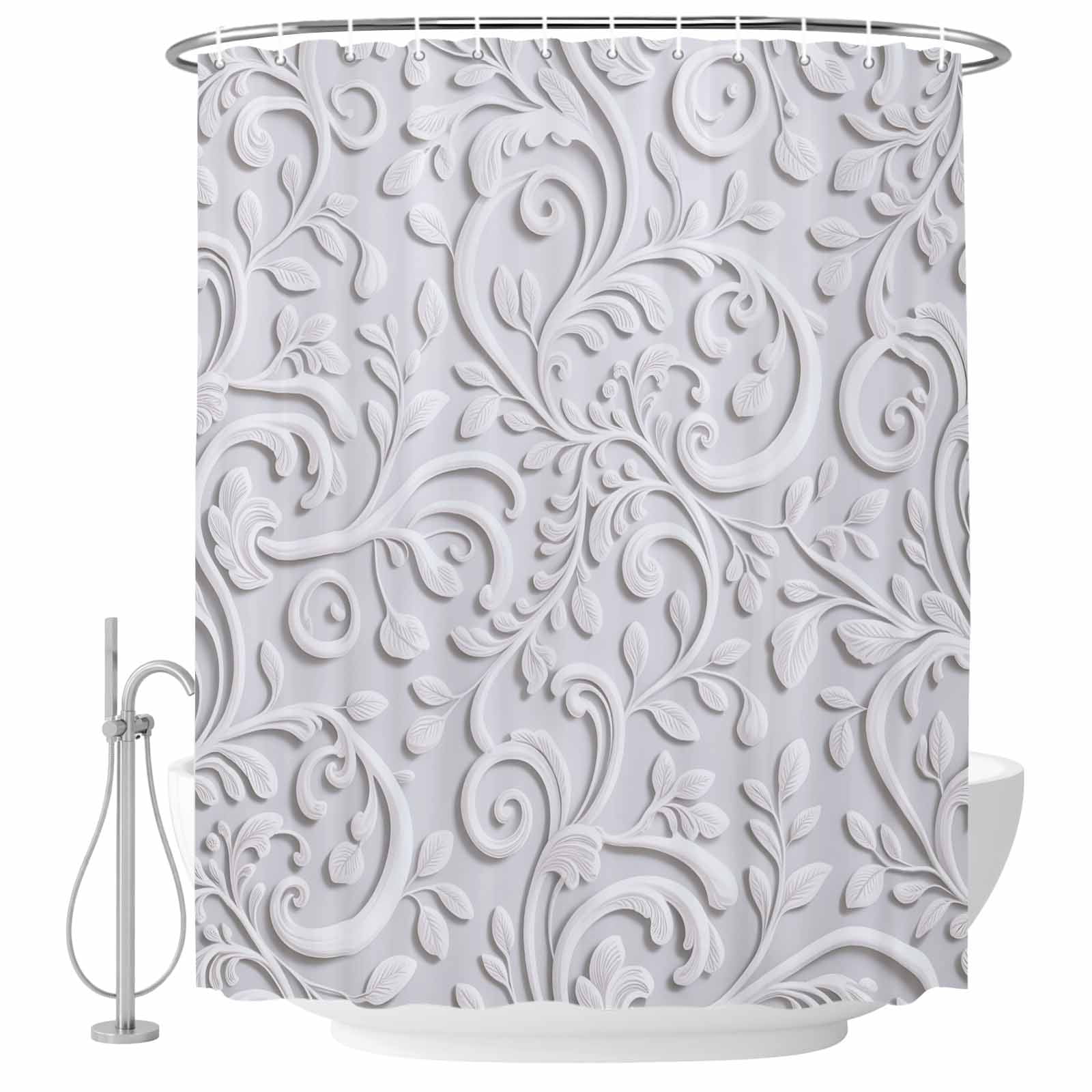 Floral Patterns Shower Curtain, Waterproof Shower Curtains for Bathroom, Silver White Flowers Leaves Aesthetic Washable Fabric Bathtub Curtain Set Bath Decor with 12 Hooks Long 72"x84"
