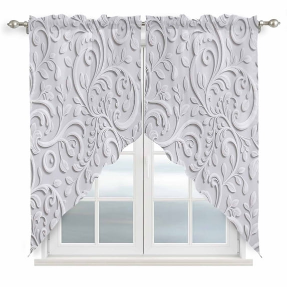 Floral Patterns Swag Valances for Windows, Kitchen Curtains 36 Inch Length 2 Panels Set, Silver White Flowers Leaves Aesthetic Short Curtains for Small Windows Rod Pocket Cafe Curtains Drapes 28"x36"