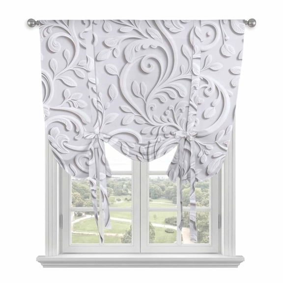 Floral Patterns Tie Up Curtains 45 Inches Long, Kitchen Window Curtains Over Sink, Silver White Flowers Leaves Aesthetic Small Window Curtains Shade Balloon Curtains Valances for Bedroom/Cafe 34"x45"