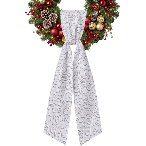 Floral Patterns Wreath Sash for Front Door, Silver White Flowers Leaves Decorative Sash for Wreath, Garland Ribbon Accessories for Party Yard Doorway Porch Wall Indoor Outdoor Decor