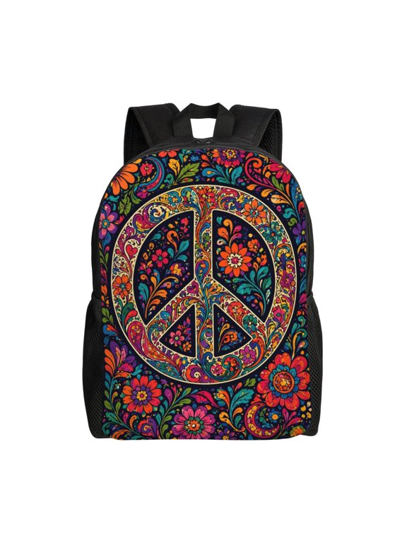 Floral Peace Sign Backpack Full Front Print Travel Laptop Bag for Men and Women