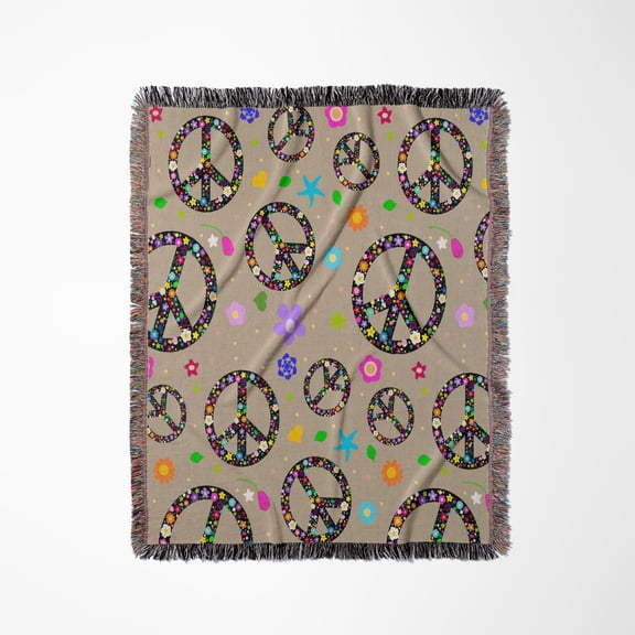 Floral Peace Symbol Pattern - Flowery Hippie Or Hippy Sign - Flower Power - Summer Flowers - Brown, Woven Blanket
