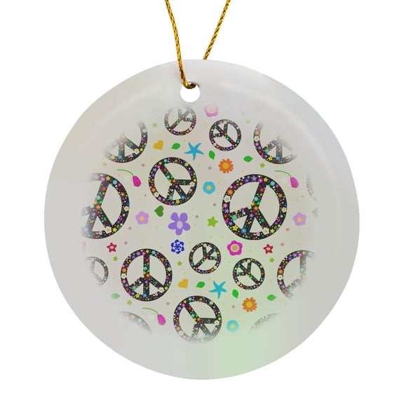 3drose, Floral Peace Symbols Pattern - Flowery Hippie or Hippy Signs - Flower Power - Summery - on Cream, Circle Porcelain Ornament