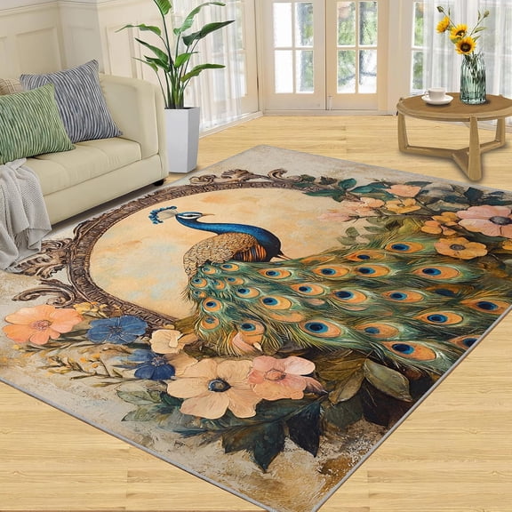 Floral Peacock Area Rugs, Blue Animal Print Carpet, Washable Non Slip Low Pile Soft Rug for Living Room Bedroom Dining Room Home Office Decor Mat 2x3ft