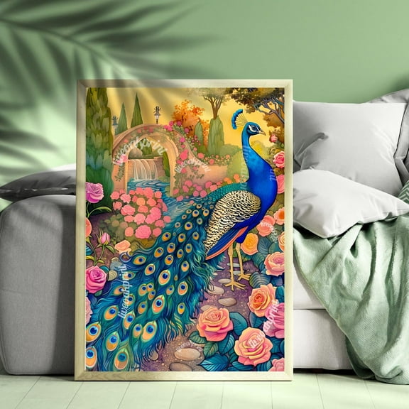 Floral Peacock Print - Vintage Peacock Decor - Botanical Peacock Wall Art - Eclectic Wall Decor - Boho Wall Art - Maximalist Wall Decor Wall Art, Modern Wall Decor, 8x12 UNFRAMED