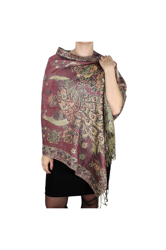 Floral Peacock Reversible Shimmer Layered Pashmina Wrap Shawl Scarf