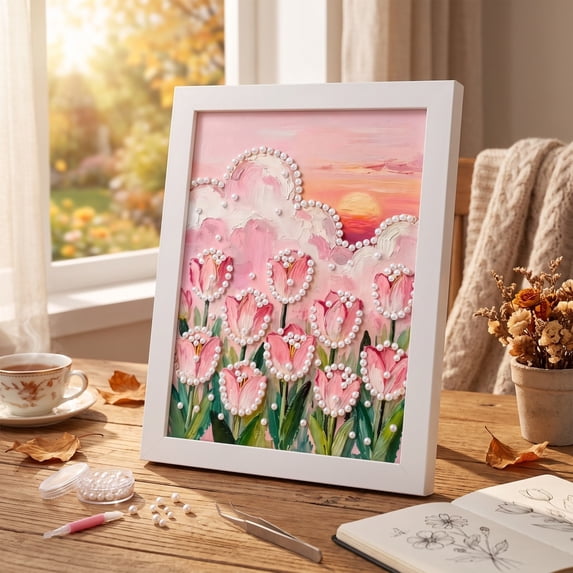 Floral Pearl Art Kits for Adults with Frame,Pearl Diamond Art DIY Kit,DIY Pearl Painting Kit,Diamond Painting for Adults & Beginners,Home Wall Decor,Relaxing Craft for Stress Relief