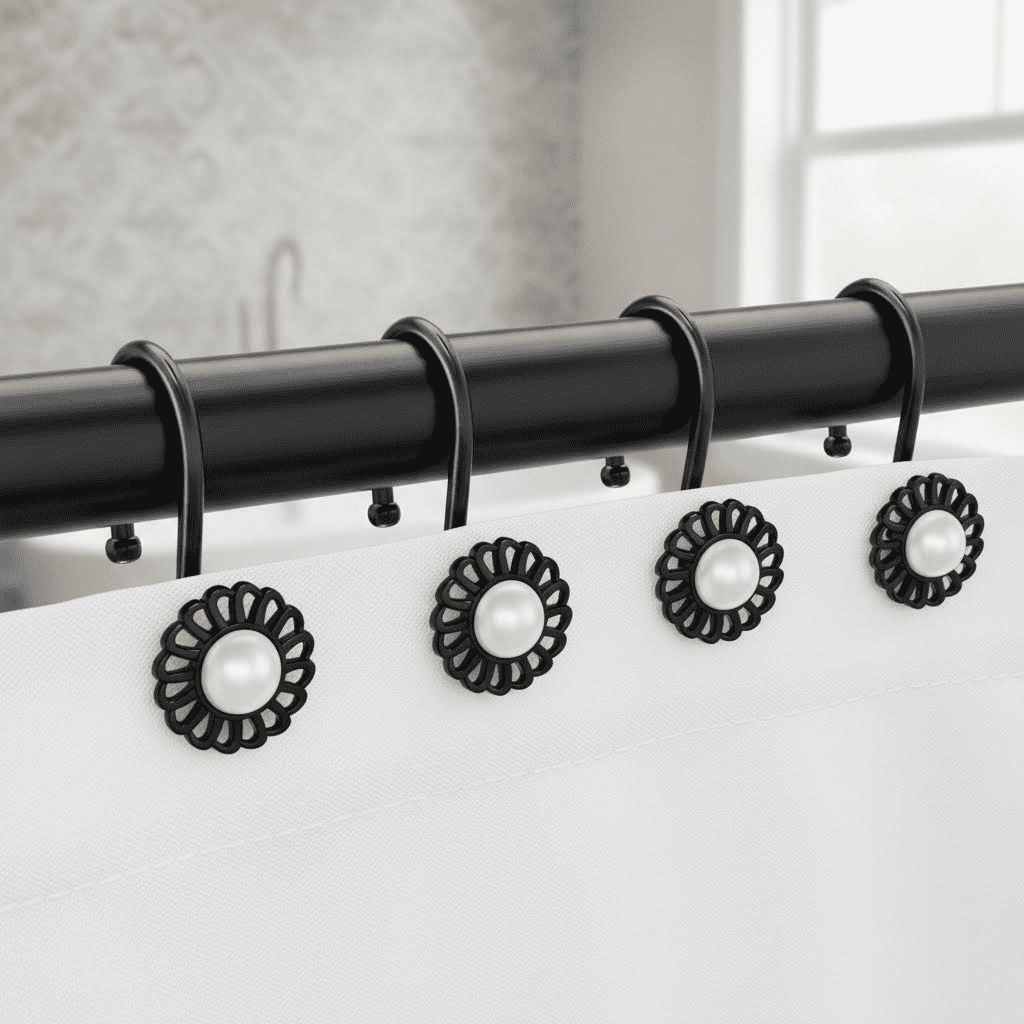 Floral Pearl Finish Shower Curtain Rings and Hooks Set, 12-Piece Matte Black Metal Rings with Hooks for Bathroom Decor