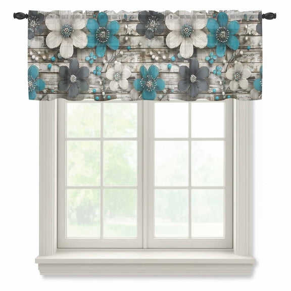 Floral Pearl Sheer Valances for Windows, Retro Country Blue White Floral Pearl Wood Grain Semi Sheer Kitchen Valance Rod Pocket Small Voile Window Curtains for Living Room Bedroom 42 x 12 Inch