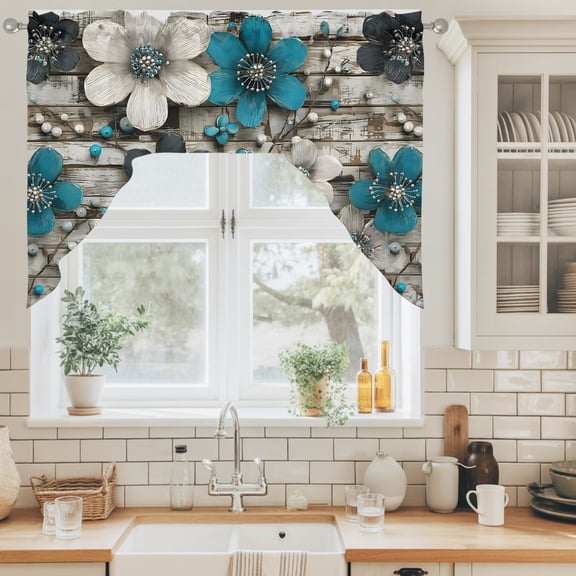 Floral Pearl Swag Curtain Valance for Windows, Retro Country Blue White Floral Pearl Wood Grain Swag Curtains Drapes Rod Pocket for Kitchen Bathroom Small Window, 1 Panel 56x36in