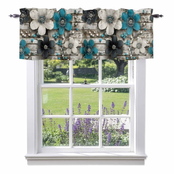 Floral Pearl Valances for Windows, Retro Country Blue White Floral Pearl Wood Grain Rod Pocket Valance Short Window Treatments Curtains for Kitchen Bathroom Bedroom Decor, 60 x 18 Inches