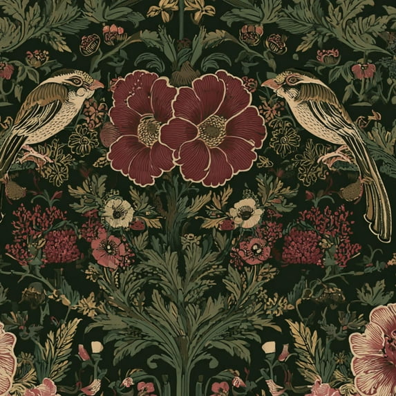 Floral Peel and Stick Wallpaper 23.6in x 9.8ft Vintage Floral Birds Red Flowers Dark Contact Paper Vinyl Waterproof Self Adhesive Wall Paper for Bedroom Shelf Cabinet Renter Friendly