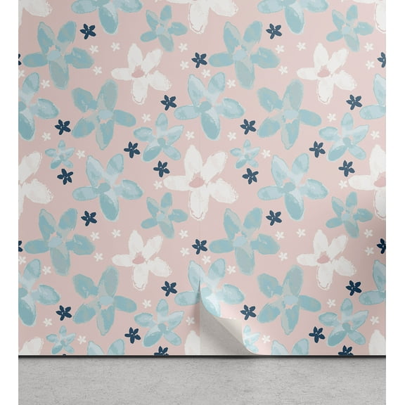 Floral Peel & Stick Wallpaper, Watercolor Painted Abstract Meadow Spring Summer Theme Pastel Flowers, Self-Adhesive Living Room Kitchen Accent, 3 Sizes, Blush Pale Blue and White, by Ambesonne