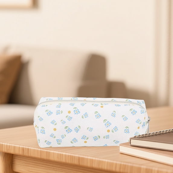 Floral Pencil Cases, Small Cute Flower Design Cotton Linen Pen Pouch, Portable Multifunctional Stationery Holder and Makeup Organizer for Class, office, Travel (Light Blue Floral, 3PCS)