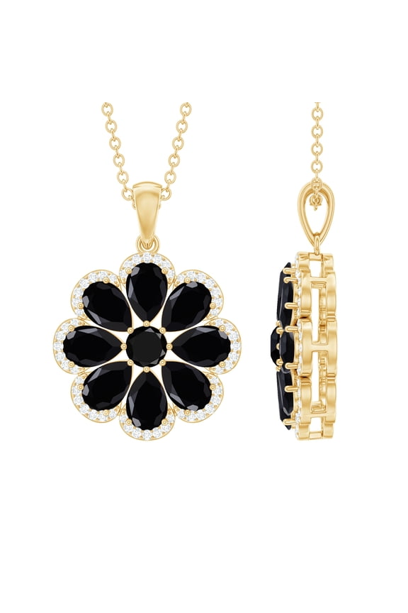 Floral Pendant Necklace for Women, Black Spinel Pendant with Moissanite, 18K Yellow Gold