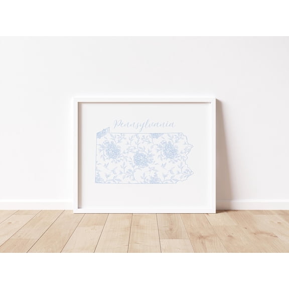 Floral Pennsylvania State Map Print, Pennsylvania State Map , Blue Pennsylvania State Print, Grand Millennial Floral Map Print Home Decor #576, Unframed Poster Size 8x12
