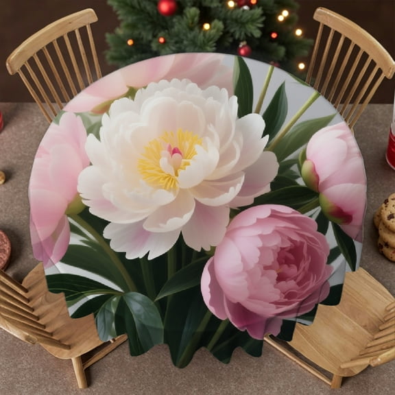 Floral Peonies tablecloth round, Kitchen Accessories -  Tablecloth for dining table round, Cafe,  picnic,60x60 Inch