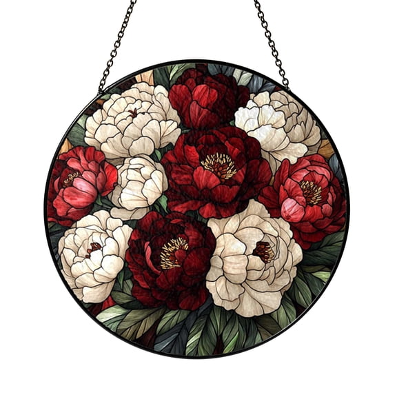 Floral Peony Ceramic Window Ornament, Round Stained Glass Look Suncatcher, Classic Flower Decor Gift