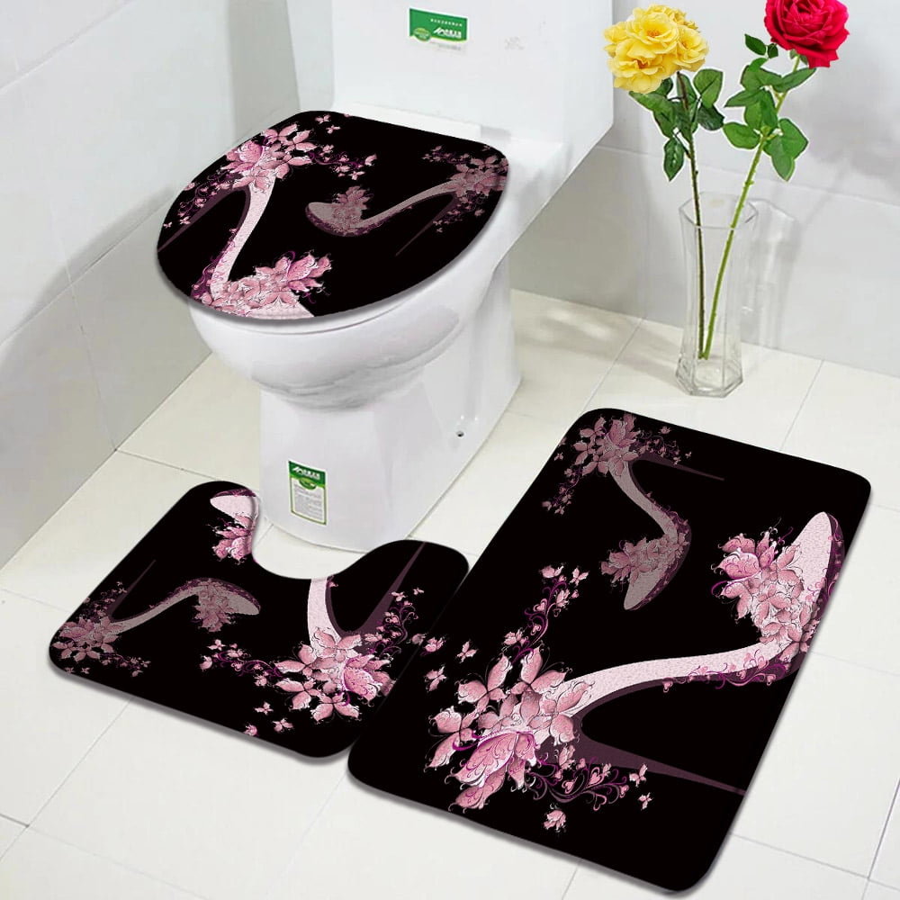 Floral Perfume Bath Mat Set Vintage Brown Wood Plank Flowers Fashion