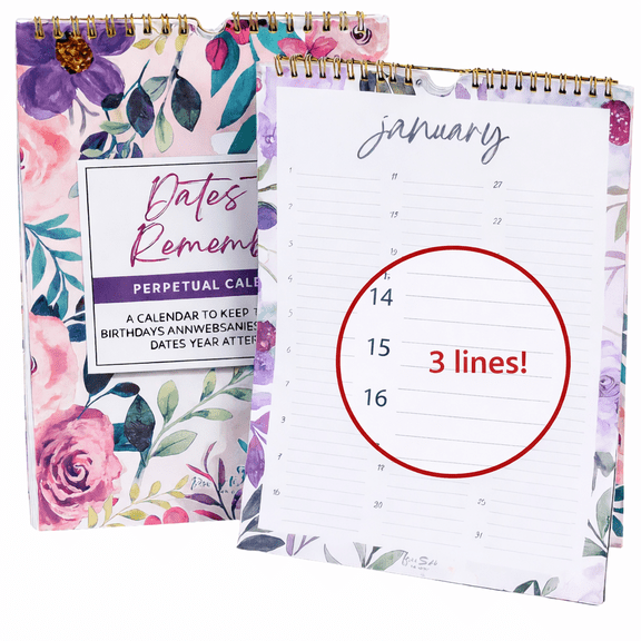 Paper 'n Such Floral Extra Large Perpetual Calendar -3 Lines Per Day - Dates to Remember Wall Calendar, 8.5x11"