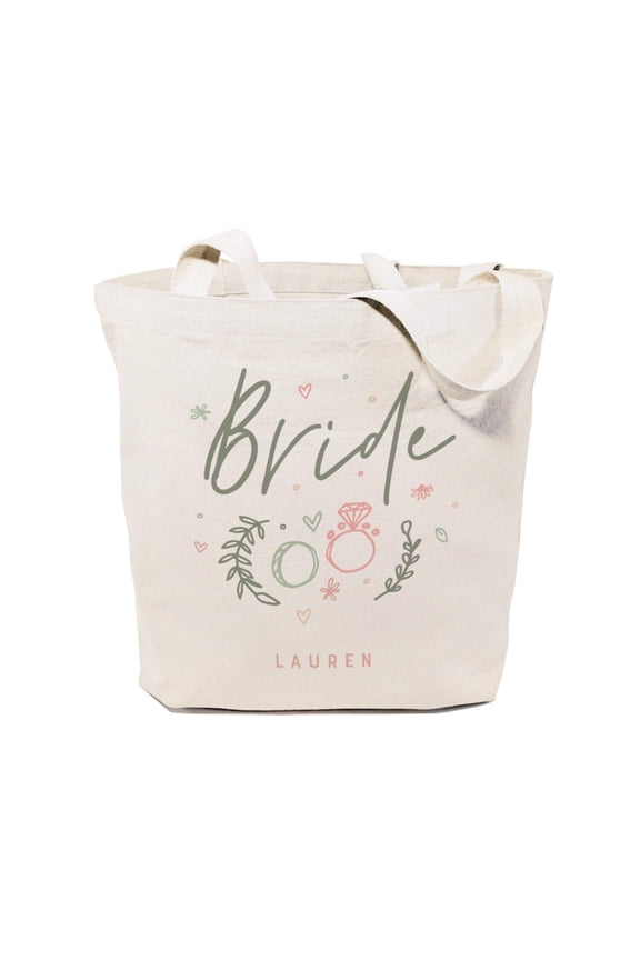 Floral Personalized Name Bride Wedding Cotton Canvas Tote Bag