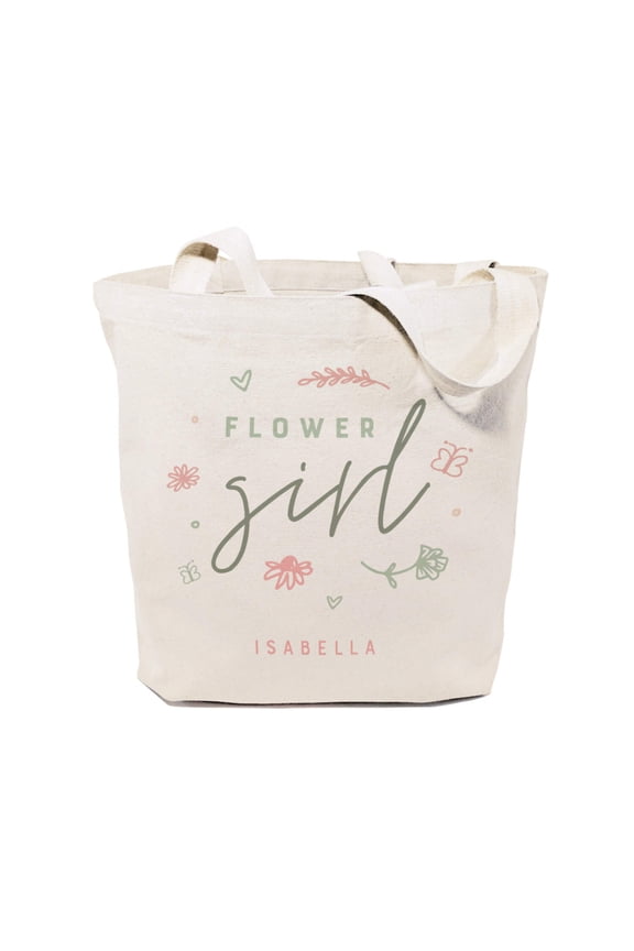 Floral Personalized Name Flower Girl Wedding Cotton Canvas Tote Bag