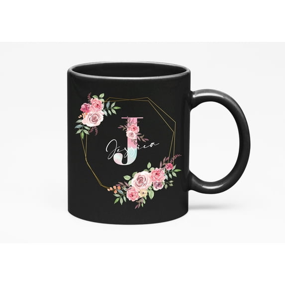 Floral Personalized Name & Initial, Her, Black 11oz Ceramic Mug