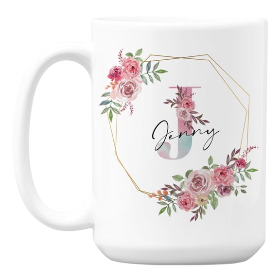 Floral Personalized Name & Initial White Ceramic Coffee & Tea Mug for Her (15oz)