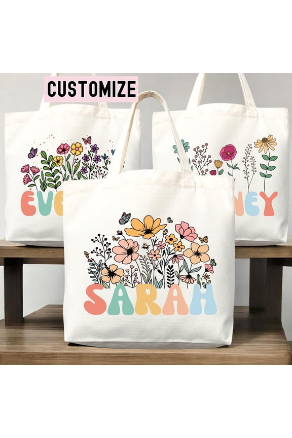 Floral Personalized Tote Bag with Custom Name Flower Canvas Tote Gift for Women