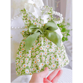 Floral Pet Dress with Green Bow – Lightweight Summer Puppy & Small Dog/Cat Outfit, Cute Everyday Wear