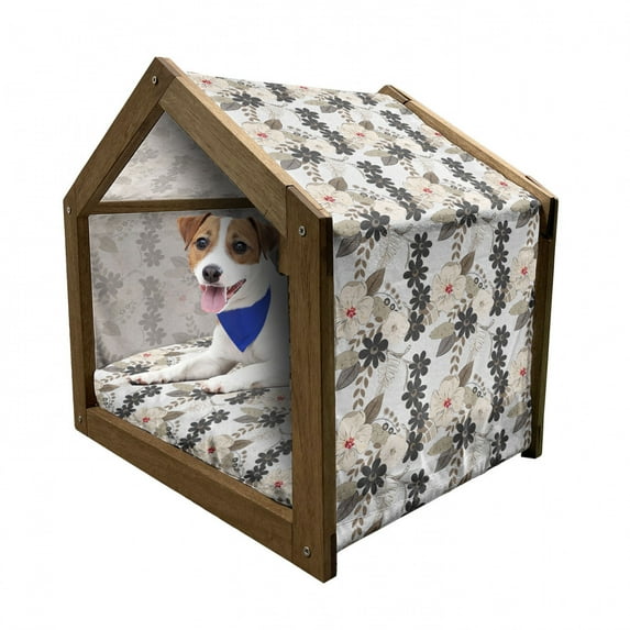 Floral Pet House, Abstract Exotic Blossoms Tropical Petals Fragrance Essence Print, Outdoor & Indoor Portable Dog Kennel with Pillow and Cover, 5 Sizes, Tan Ivory Seal Brown, by Ambesonne