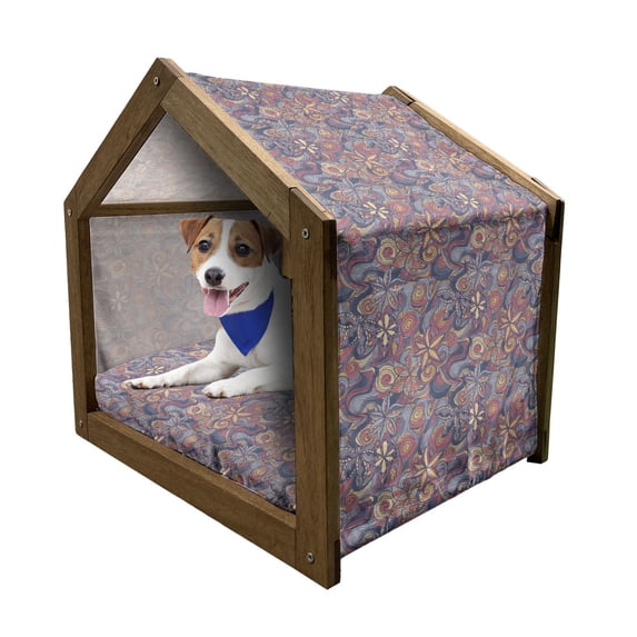 Floral Pet House, Colorful Blooming Flowers and Waves Spiral Curly Shapes Botanical Fantasy Pattern, Outdoor & Indoor Portable Dog Kennel with Pillow and Cover, 5 Sizes, Multicolor, by Ambesonne