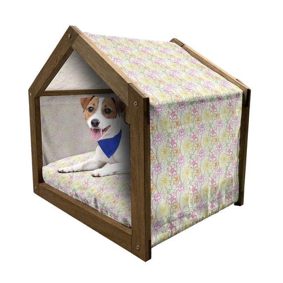Floral Pet House, Hand Drawn Colorful Flourishing Spring Flowers Sketchy Design Natural Garden Theme, Outdoor & Indoor Portable Dog Kennel with Pillow and Cover, 5 Sizes, Multicolor, by Ambesonne