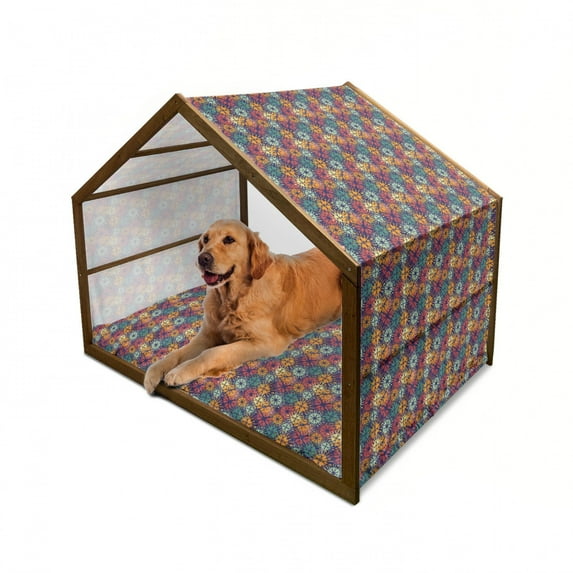 Floral Pet House, Silhouettes of Blossoming Fresh Petals of Spring Season on Dark Toned Background, Outdoor & Indoor Portable Dog Kennel with Pillow and Cover, 5 Sizes, Multicolor, by Ambesonne
