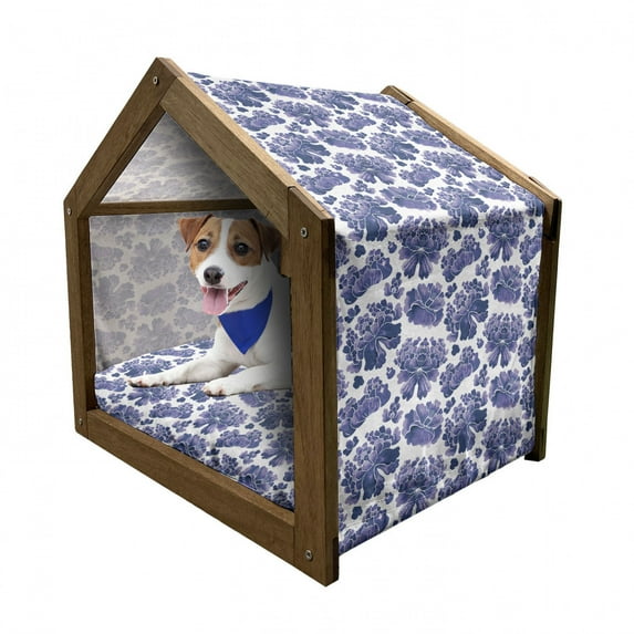 Floral Pet House, Watercolor Painting Style Chinese Flower Ornaments on White Backdrop, Outdoor & Indoor Portable Dog Kennel with Pillow and Cover, 5 Sizes, Violet Blue Lavender, by Ambesonne