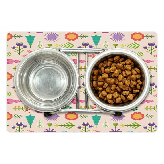 Floral Pet Mat for Food and Water, Abstract Illustration of Flat Design Colorful Flowers with Leaves, Non-Slip Rubber Mat for Dogs and Cats, 18" X 12", by Ambesonne