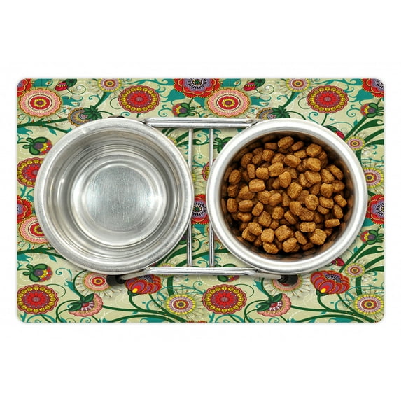 Floral Pet Mat for Food and Water, Vintage Colorful Ornamental Flowers and Leaves Fresh Spring Nature Art Illustration, Non-Slip Rubber Mat for Dogs and Cats, 18" X 12", by Ambesonne