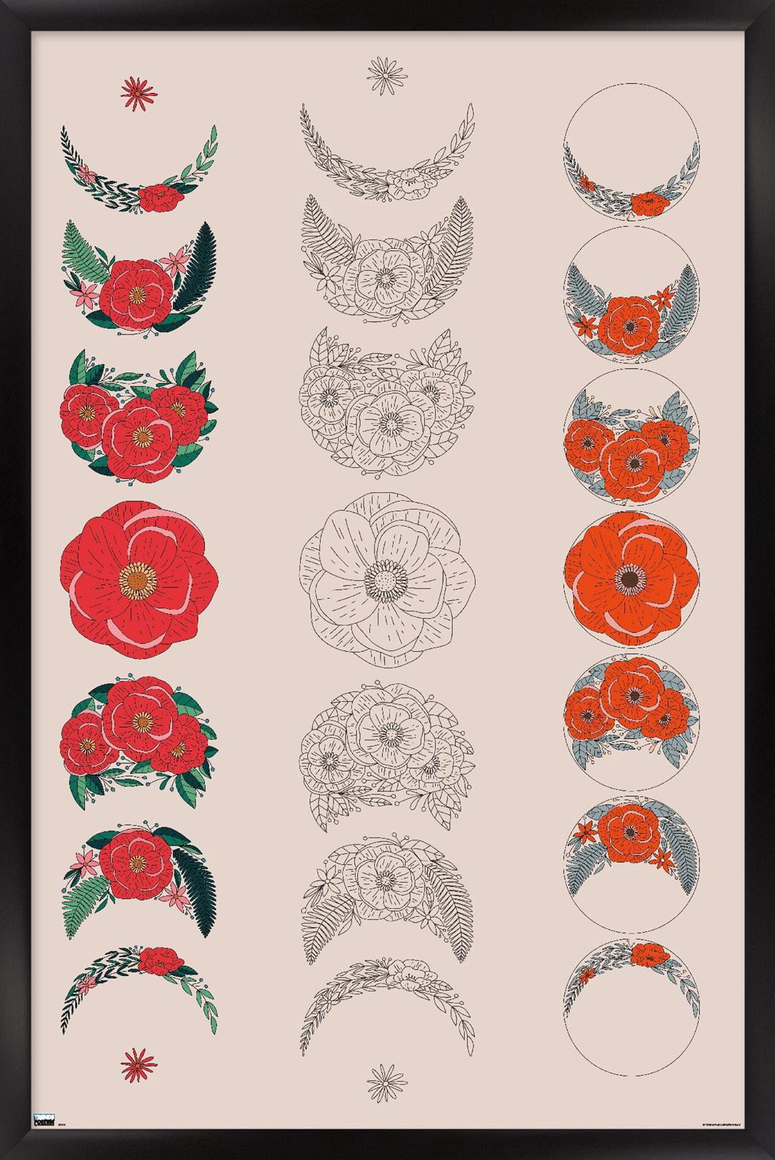 Floral Phases of the Moon Wall Poster, 14.725" x 22.375" Framed