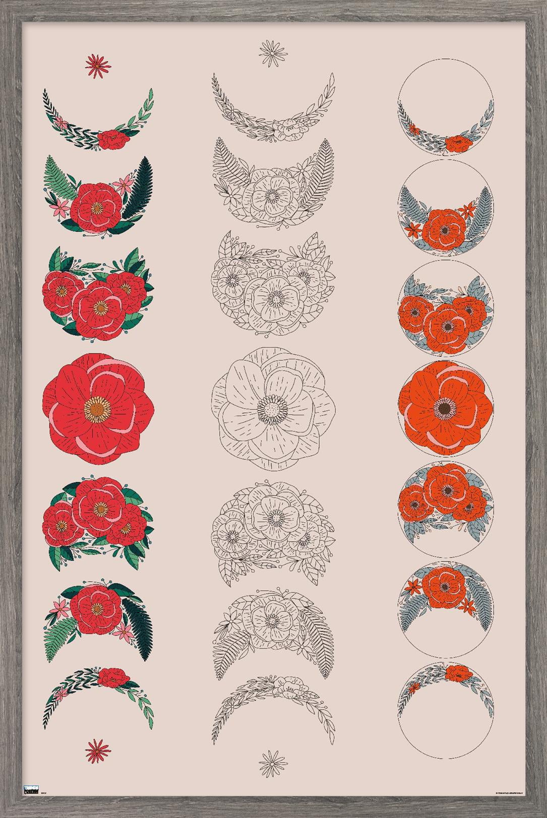 Floral Phases of the Moon Wall Poster, 22.375" x 34" Framed