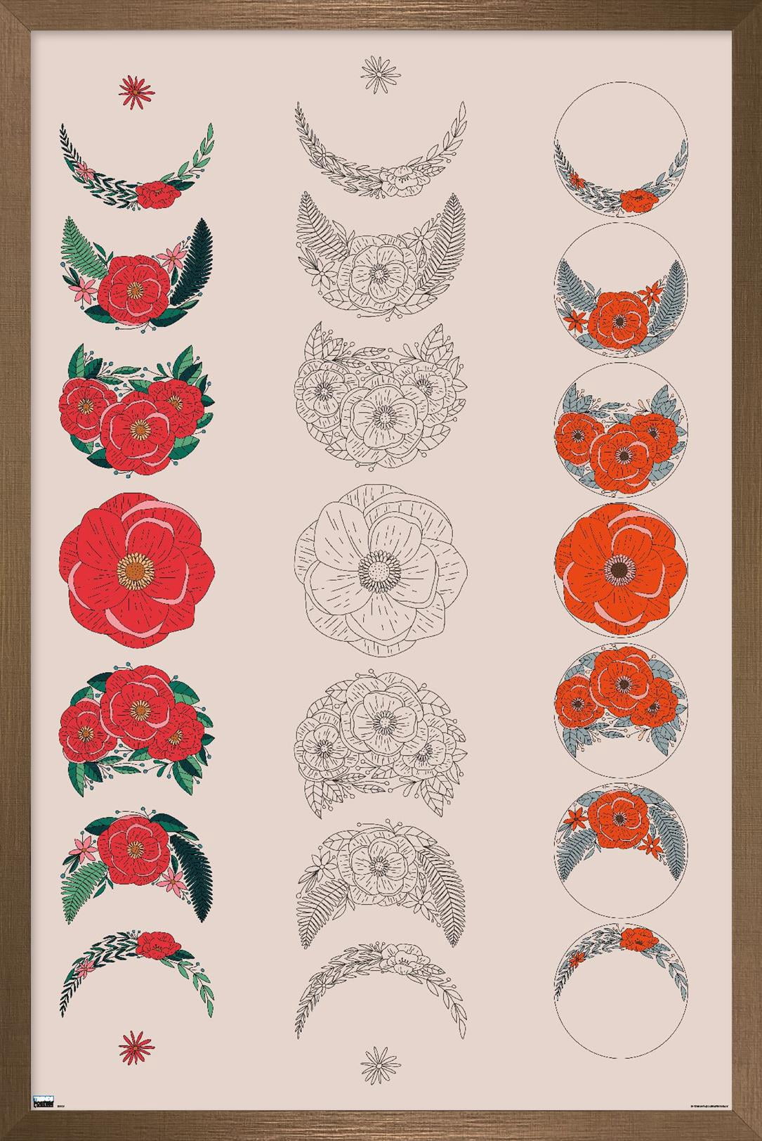Floral Phases of the Moon Wall Poster, 22.375" x 34" Framed