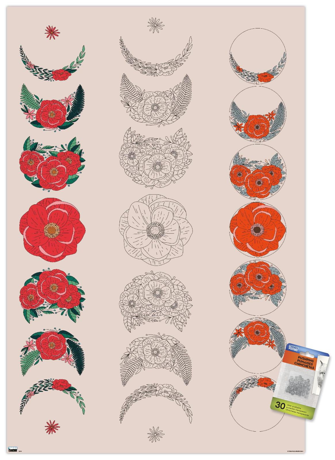 Floral Phases of the Moon Wall Poster with Pushpins, 22.375" x 34"