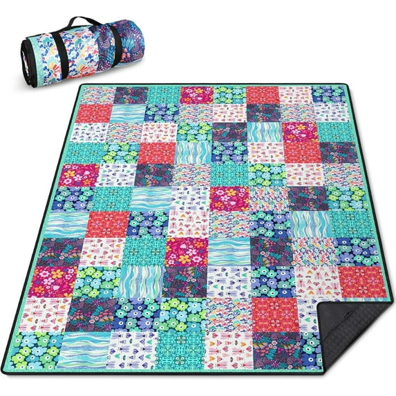 Floral Picnic Blankets Waterproof Foldable Picnic Blanket 80"x 60" Flower Picnic Mat 3-Layer Thicking Outdoor Picnic Blanket Sandproof Lightweight Beach Blanket with Strap Machine Washable
