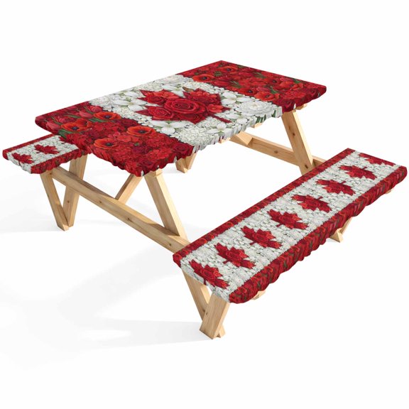 Floral Picnic Table Cover with Bench Covers Watercolor White Red Flowers Canada Flag Style Waterproof Fitted Picnic Tablecloth 3 Pieces Set Table Cloth for Outdoor Camping Garden BBQ