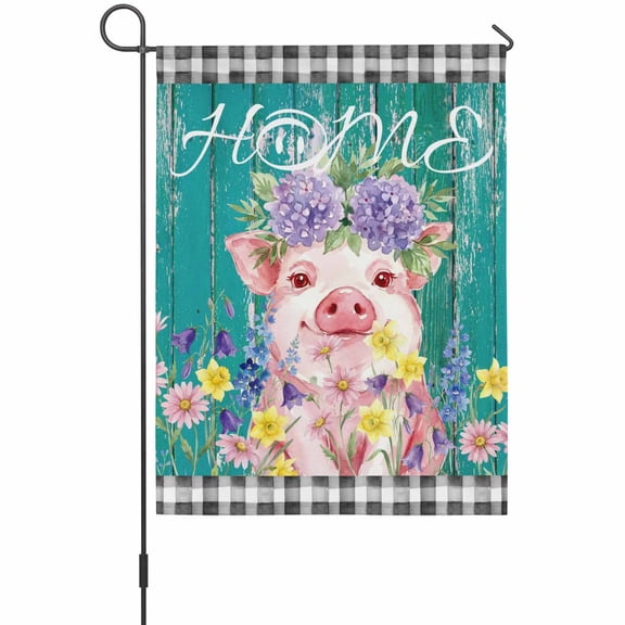 Floral Pig House Flags For Outdoor, Watercolor Country Pig Flowers Green Wood Grain Small Double Side Yard Flags Weather Proof House Decor for Lawn Outside Holiday 28 x 40 Inches